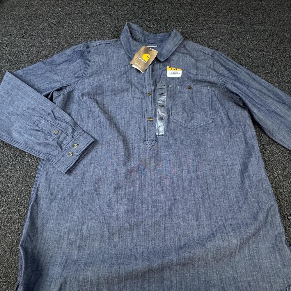 Carhartt Tunic Blouse Womens XL Blue Chambray Stretch Pocket Long Sleeve